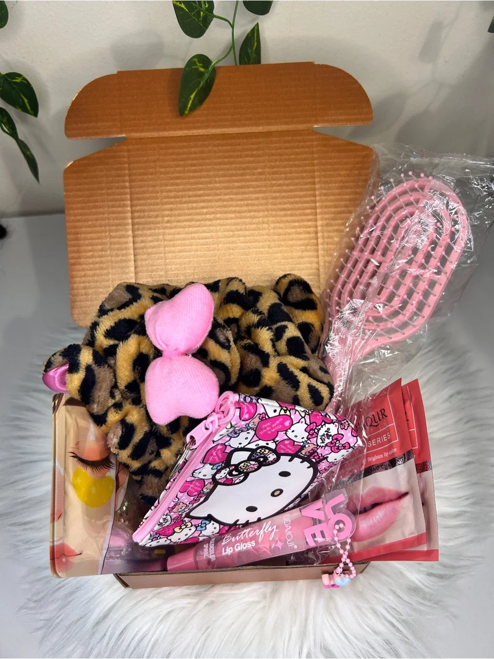 Hello Kitty Pink Leopard Plush Headband Gift Set with Pink Brush & Lip Gloss